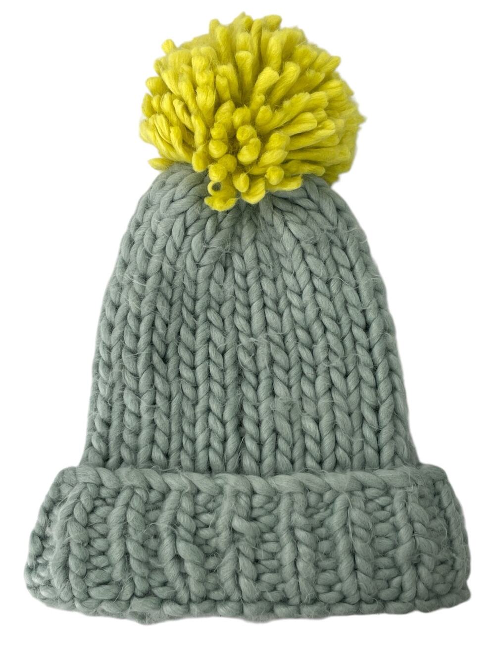 Anthropologie Gray Green Chunky Knit Pompom Winter Bonnet Beanie Hat One Size